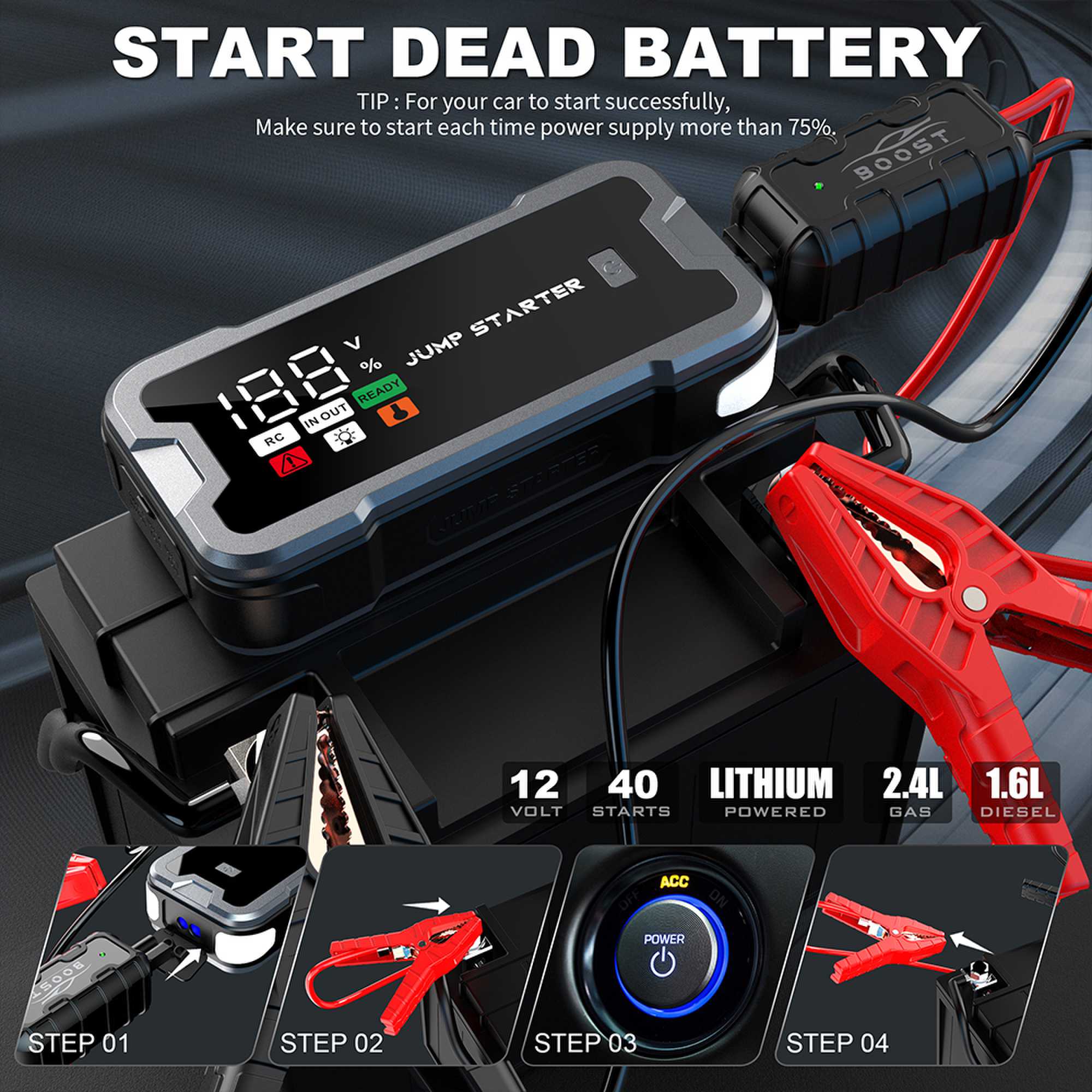 4000Aカー ジャンプスターター、ポータブルカーバッテリー - Portable Jump Starter のレビューと価格